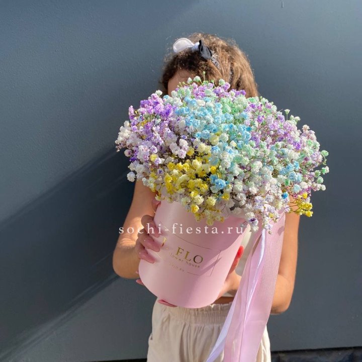 Радужные гипсофилы в шляпной коробке в Томске