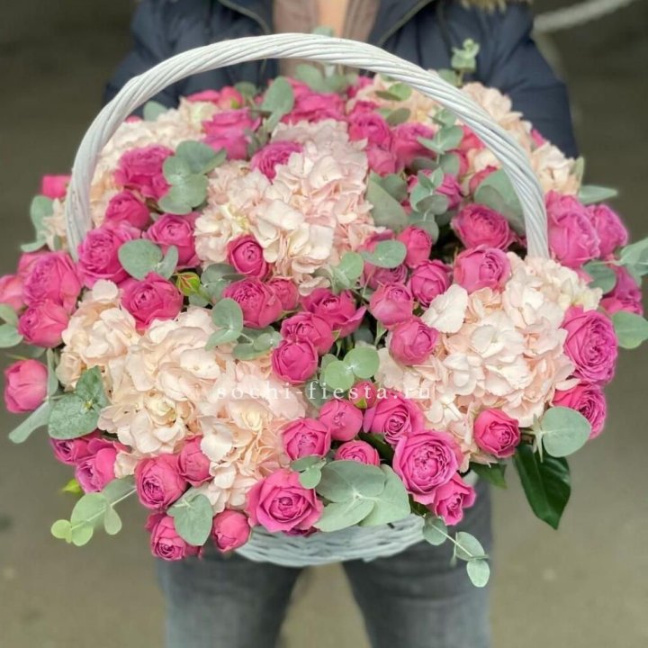 Корзина с гортензией и Мисти Баблс в Томске