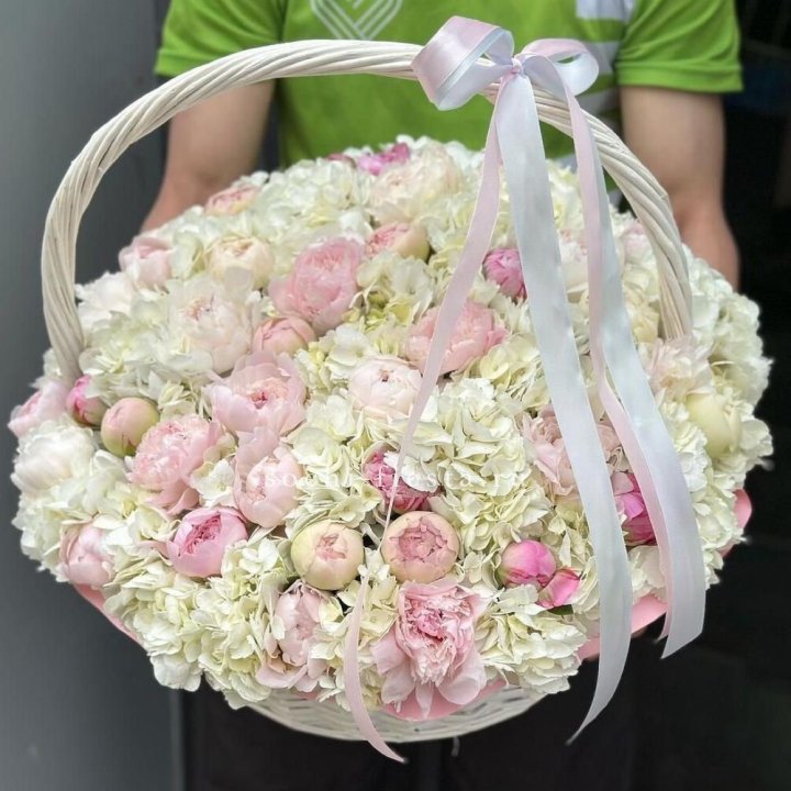 Премиум корзина гортензий и пионов в Томске